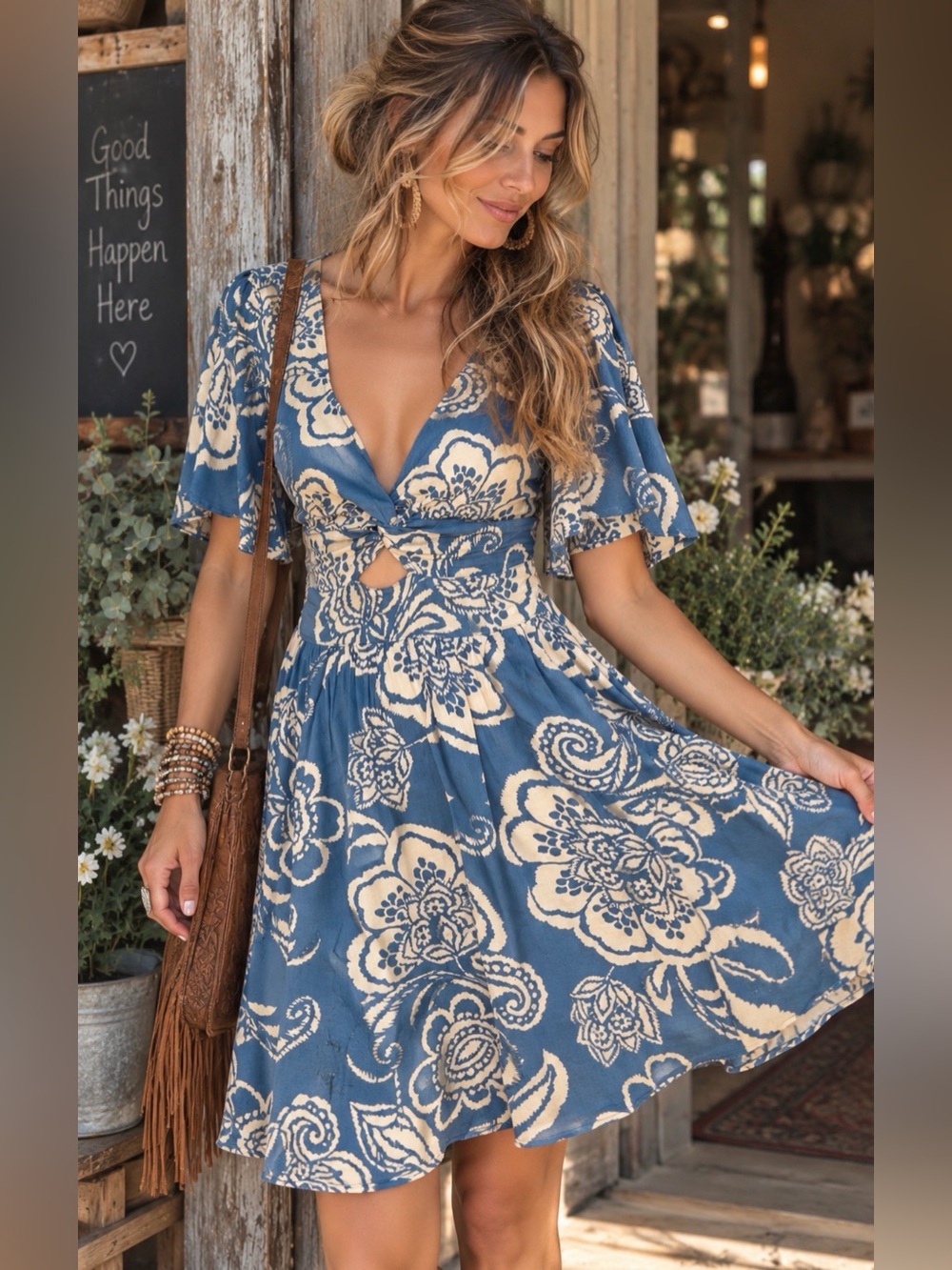 Angie Blue Floral Boho Cutout Flutter Sleeve Mini Dress